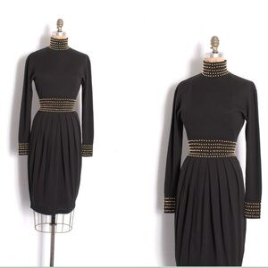 Ann Tjian for Kenar Vintage 1980S Gold Studded Knit Elegant Black Studded Dress